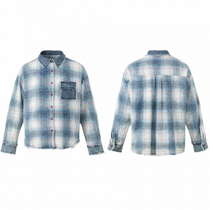 Unisex Kariertes Overshirt im Used-Look mit Fransen, Jeanskragen und aufgesetzter Brusttasche Drune