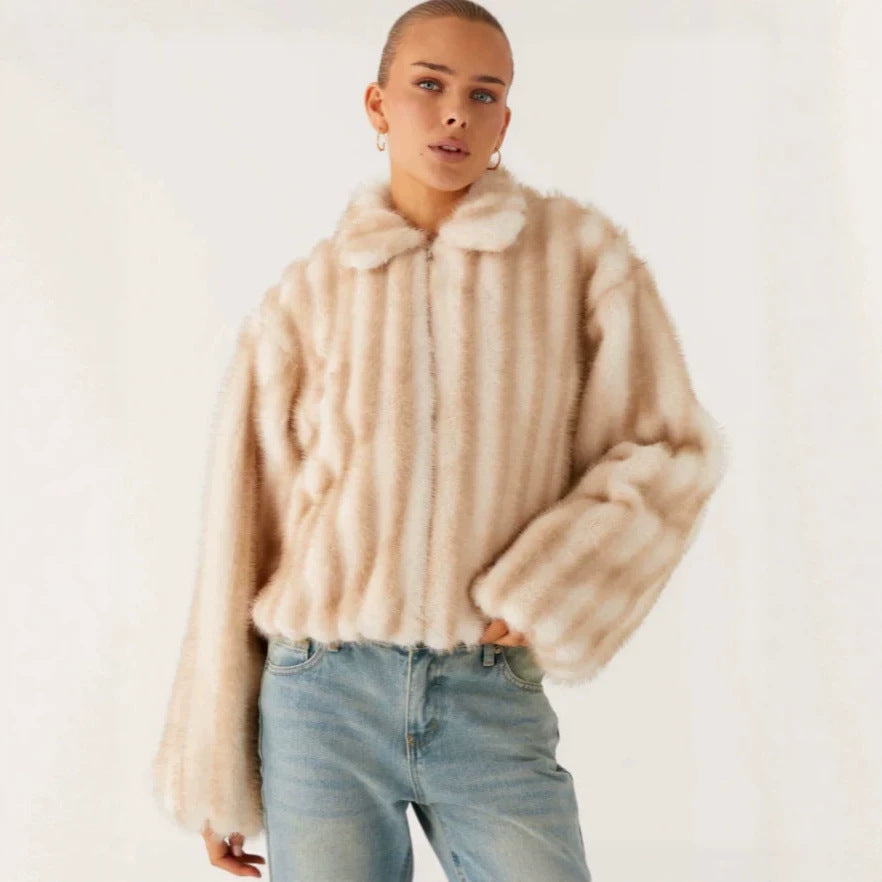 Damen Kurzjacke aus luxuriösem Hochflor-Kunstpelz mit Reißverschluss und voluminösen Ärmeln Drune