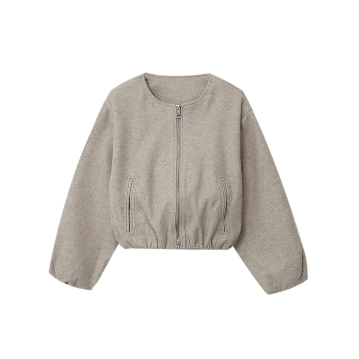 Damen nan kurz geschnittene Wolloptik-Cropped-Jacke mit Rundhalsausschnitt, durchgehendem Reißverschluss, elastischem Saum und dezenten Eingrifftaschen Drune