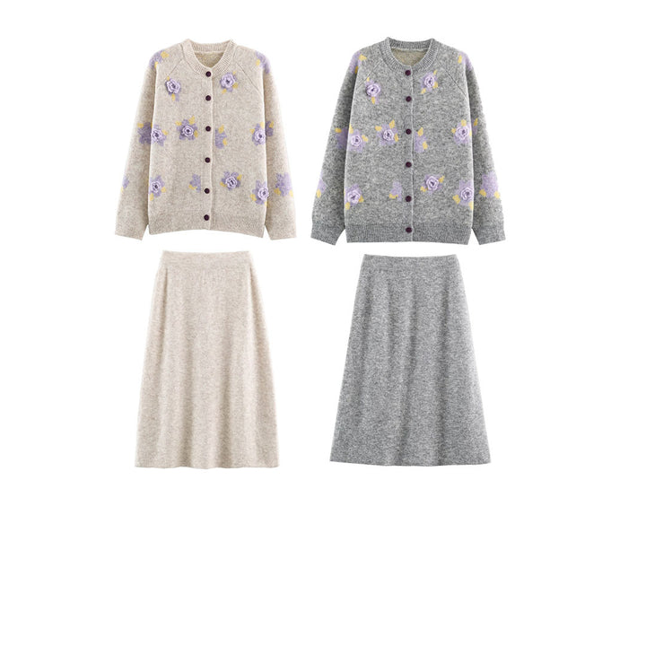 Damen Feinstrick-Zweiteiler Cardigan mit Blumen-Jacquard und tailliertem A-Linien Strickrock Drune