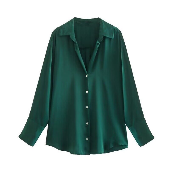 Damen Oversized Satinbluse mit Hemdkragen und breiten Manschetten Drune