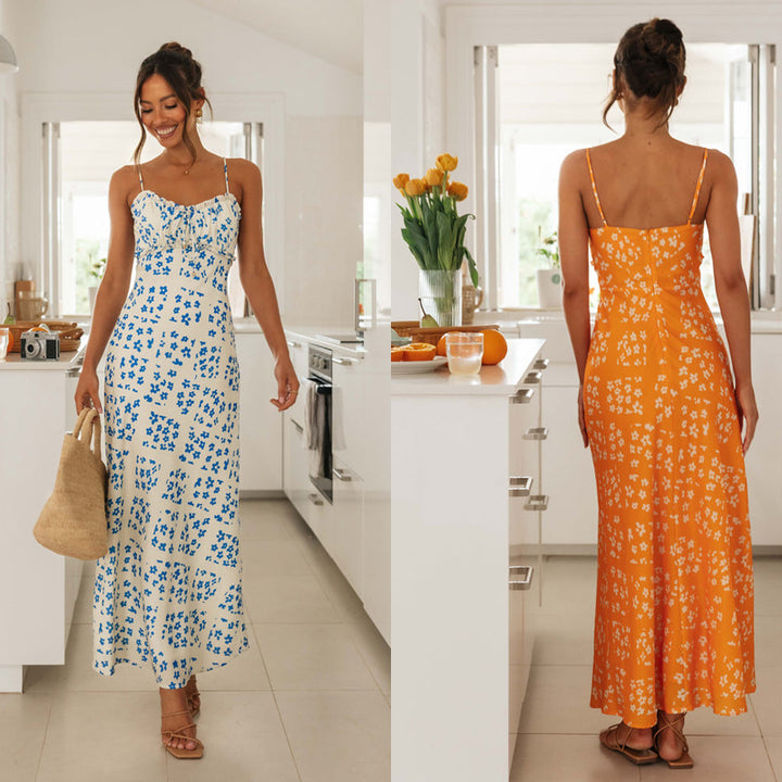 Damen Maxikleid mit verstellbaren Spaghettiträgern und floralem Design Drune