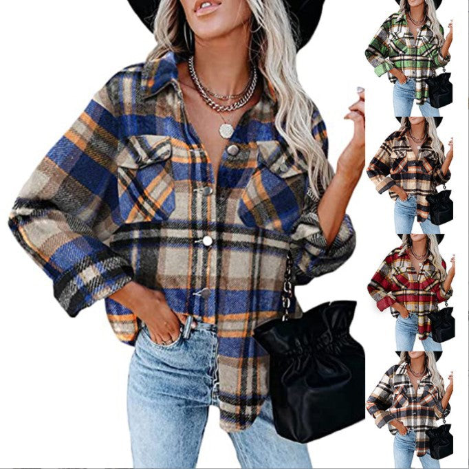 Damen Karierter Overshirt mit Knöpfen und Brusttaschen Drune