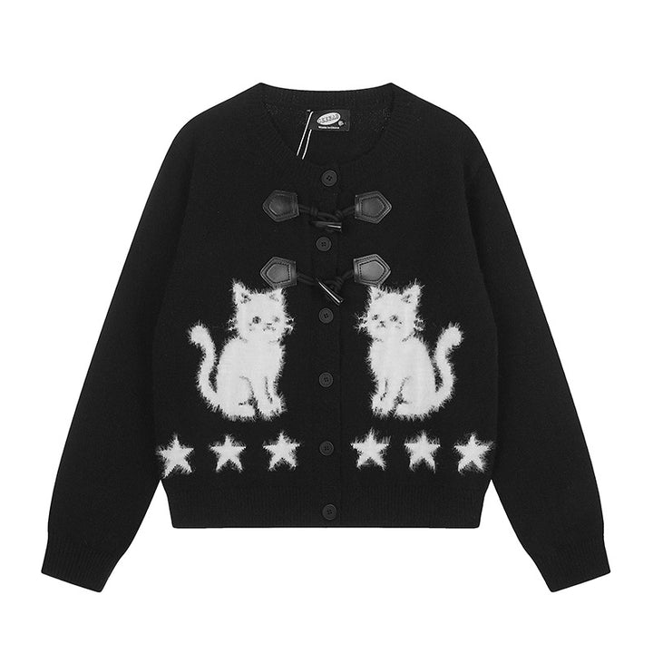 Damen Strickjacke mit Katzen-Jacquard, Zierknebelverschluss und Sternbordüre Drune