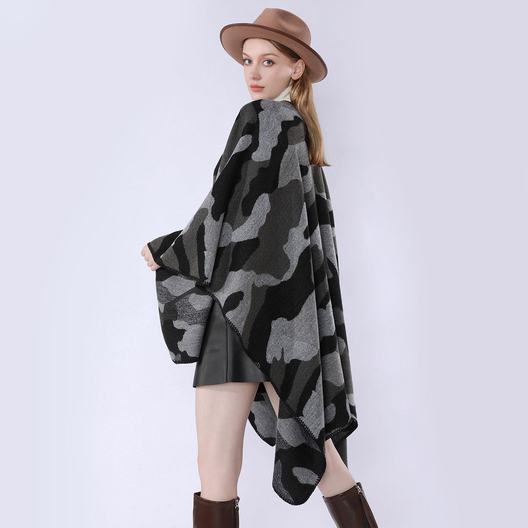Damen Oversize-Cape mit Camouflage-Jacquard, offener Kimono-Fall und Ziernaht Drune