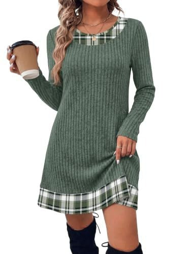 Damen Gerippte Longshirt‑Kleid mit Karierter Saum‑ und Ausschnittblende Drune