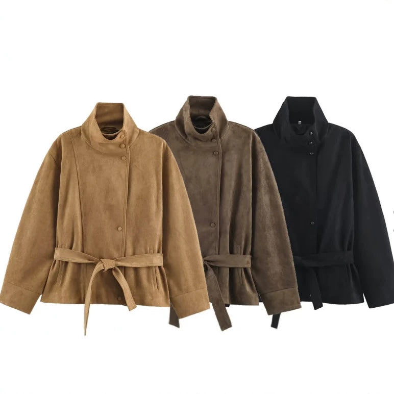 Damen Veloursleder-Optikjacke mit hohem Stehkragen und Taillengürtel Drune