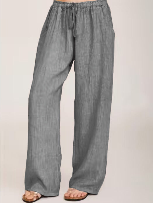 Damen Weite Leinenhose mit elastischem Bund und Seitentaschen Drune