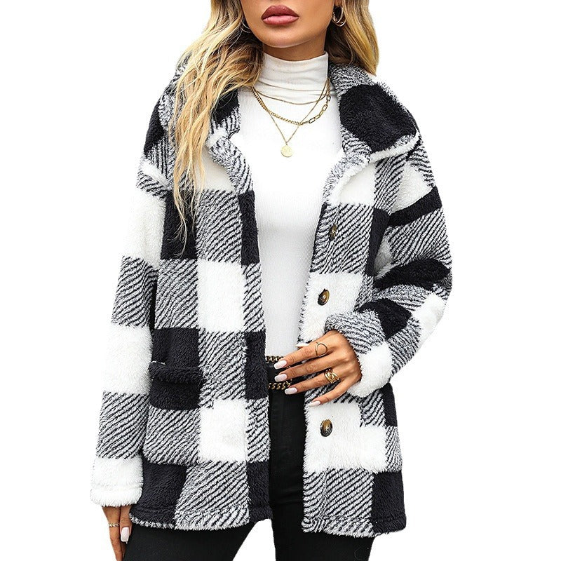 Damen Plüschjacke mit angesagtem Karomuster und praktischen Taschen Drune