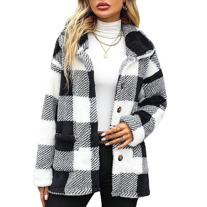 Damen Plüschjacke mit angesagtem Karomuster und praktischen Taschen Drune