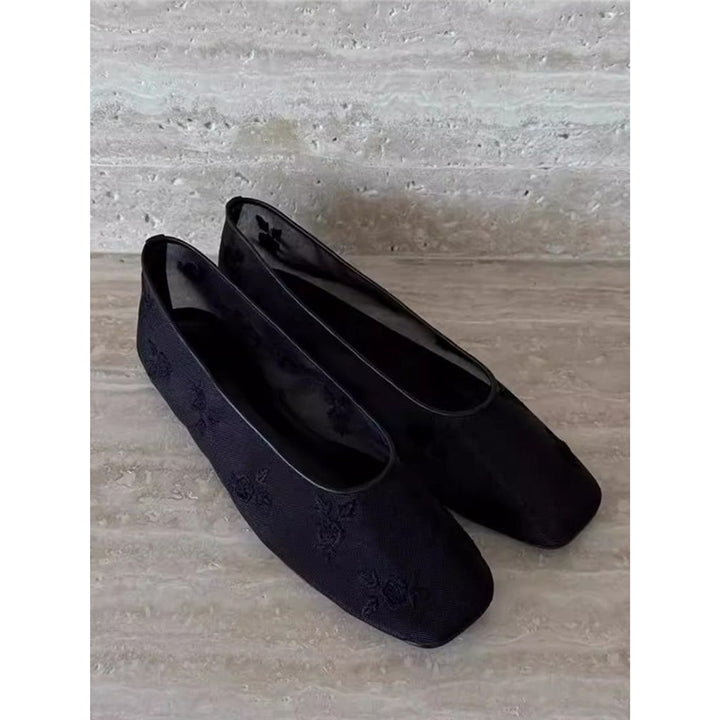 Damen Bestickte Mesh-Ballerinas mit quadratischer Zehenpartie und Rosenstickerei Drune