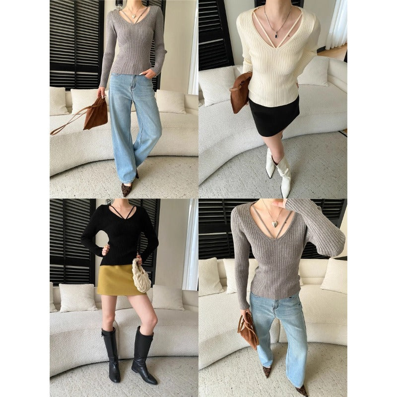Damen figurbetontes Rippstrickpullover mit V-Ausschnitt und langen Ärmeln Drune