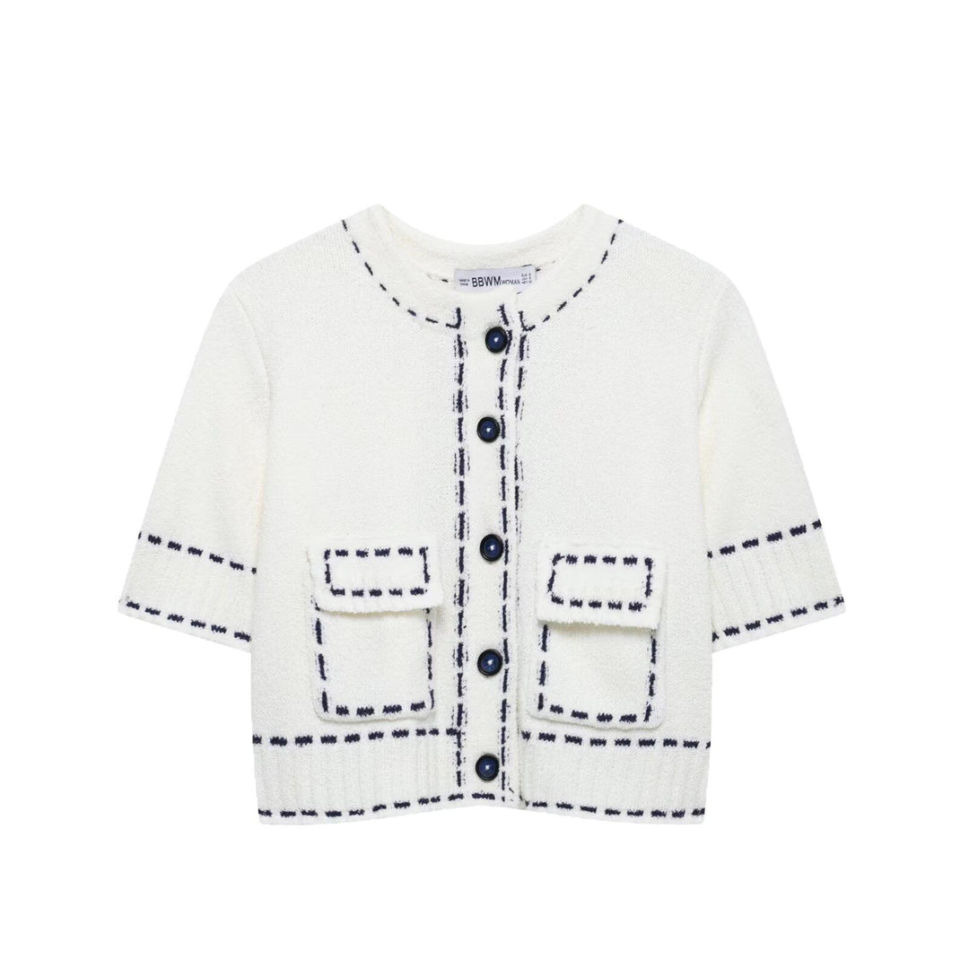 Damen Strukturierter Kurzarm Geschnittene Strickjacke Drune