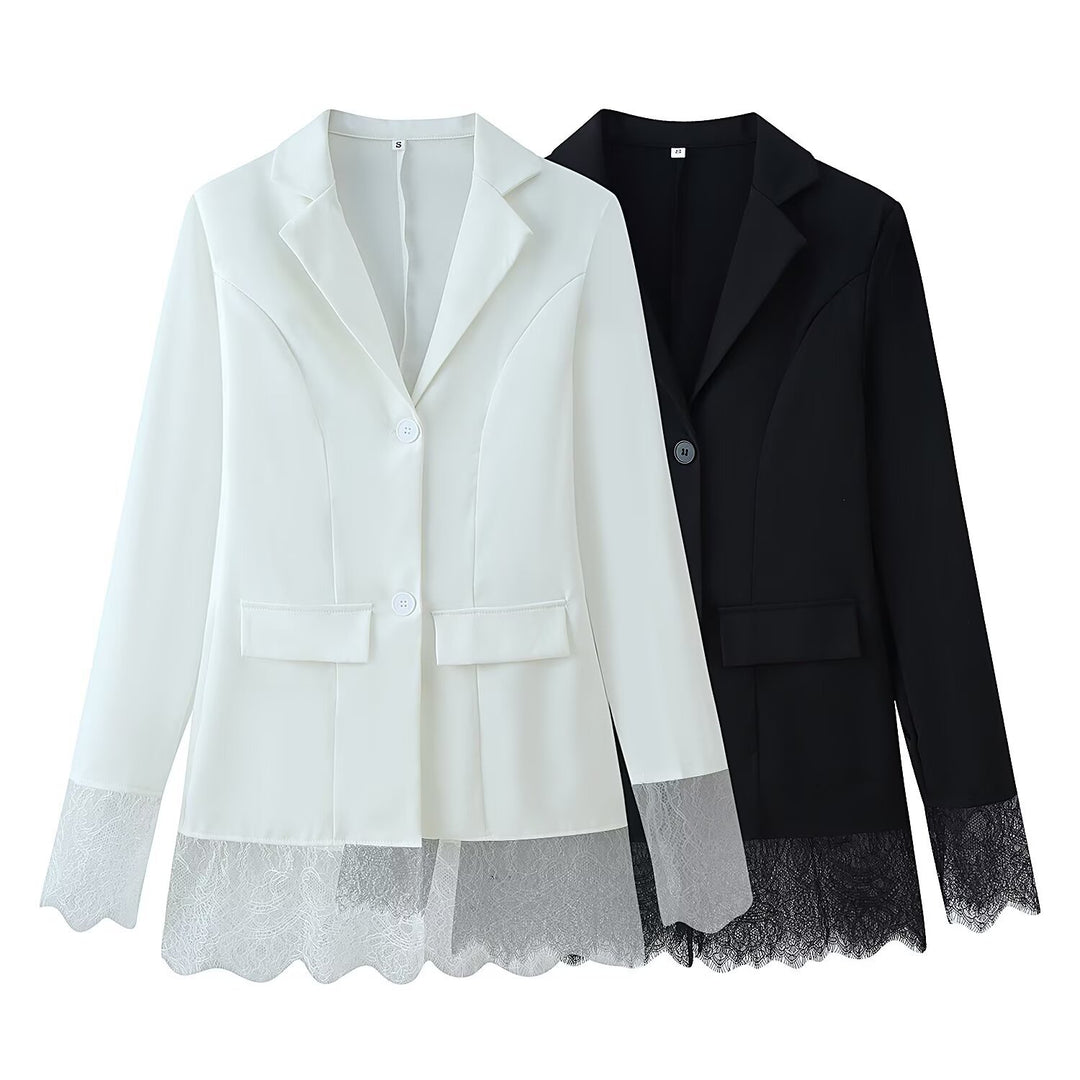 Damen 10+ taillierter Blazer mit Spitzenbesatz und Zwei‑Knopf‑Verschluss Drune