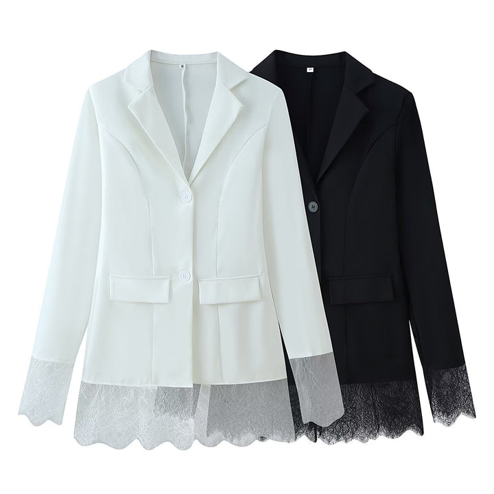 Damen 10+ taillierter Blazer mit Spitzenbesatz und Zwei‑Knopf‑Verschluss Drune