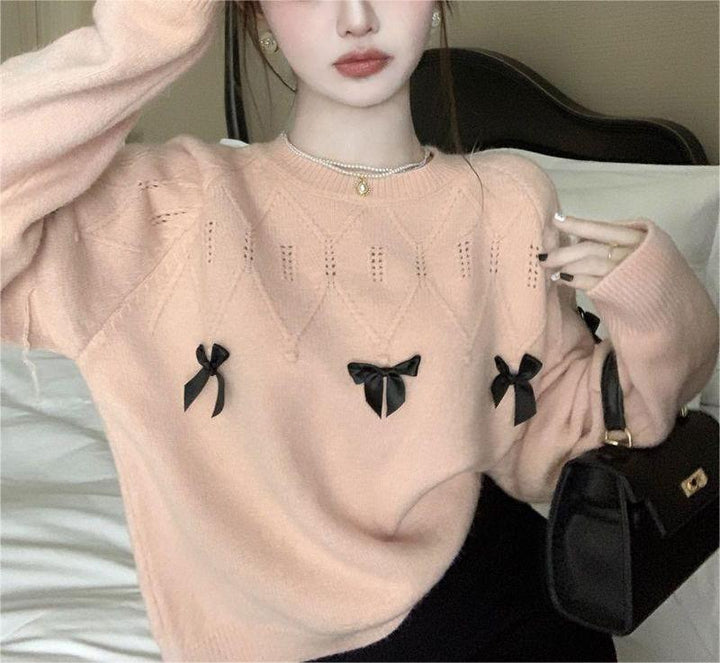 Damen gemütlicher Pullover mit verspielten Schleifenapplikationen Drune