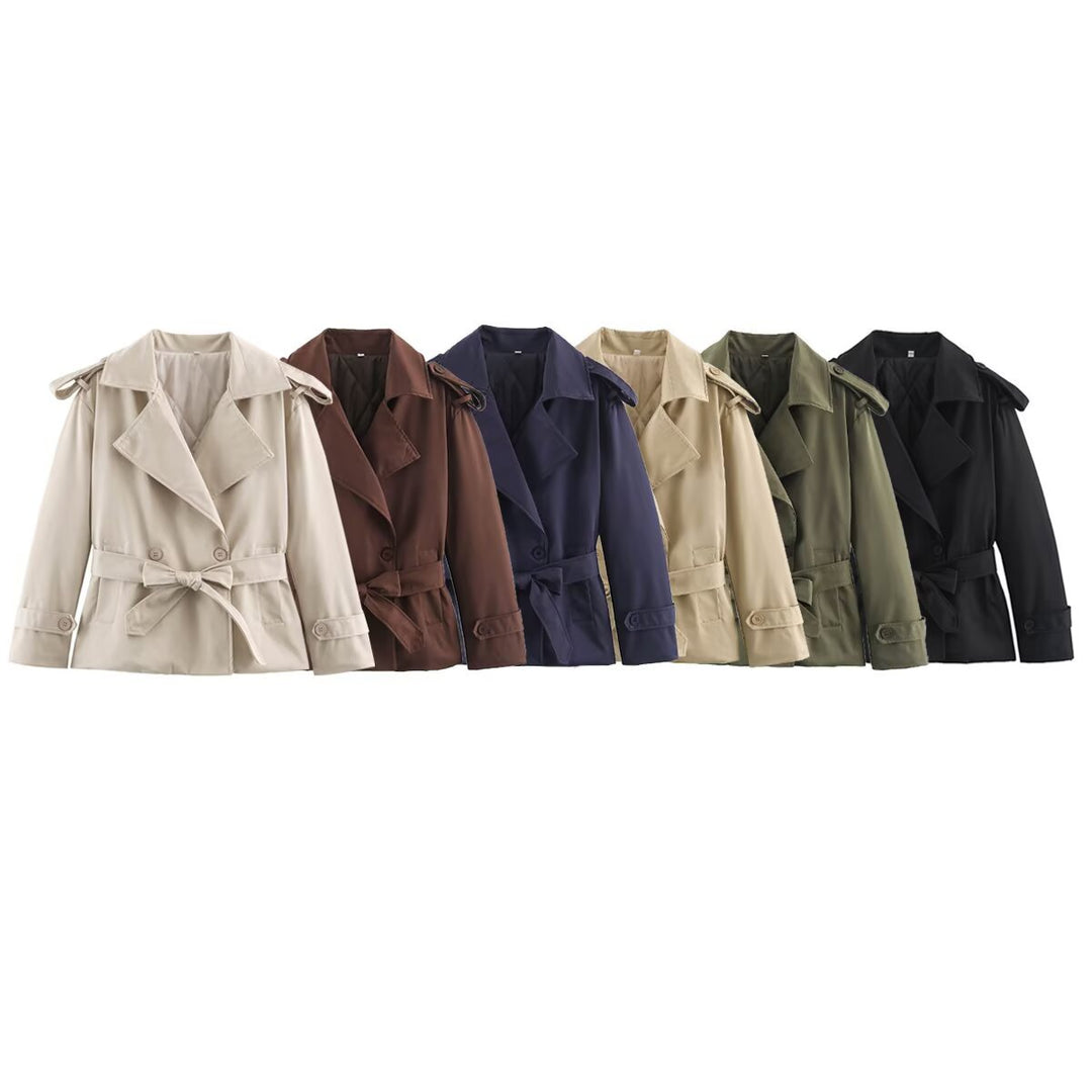 Damen Taillierte Kurz-Trenchjacke mit Bindegürtel und Schulterpatten Drune
