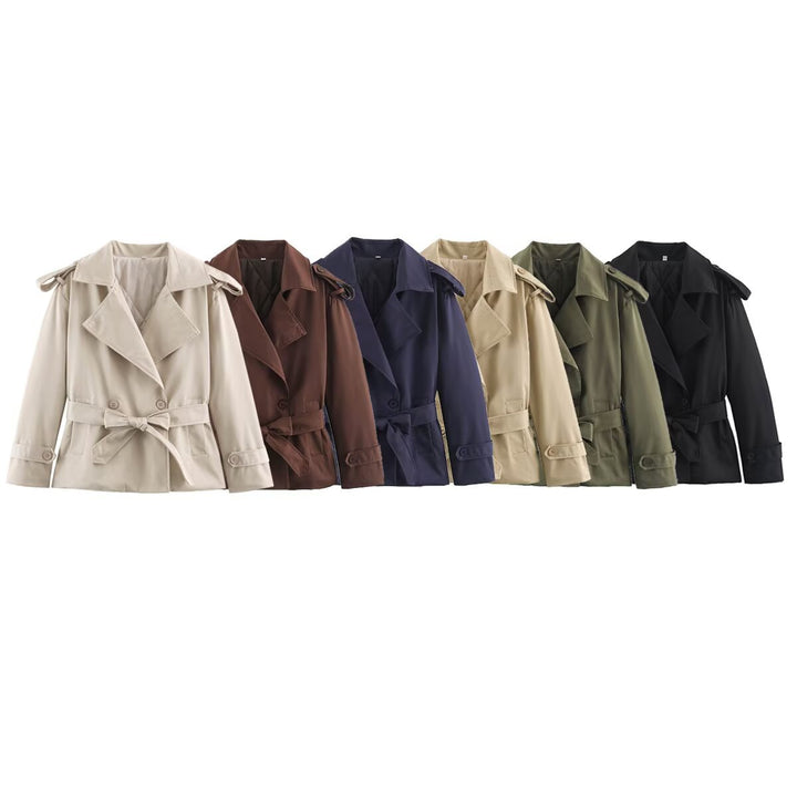 Damen Taillierte Kurz-Trenchjacke mit Bindegürtel und Schulterpatten Drune