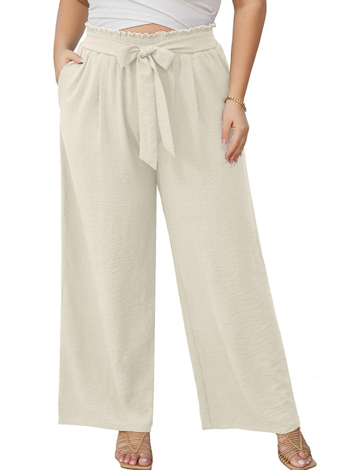 Damen Paperbag-Hose mit weitem Bein, Gummizug, Bindegürtel und Eingrifftaschen Drune