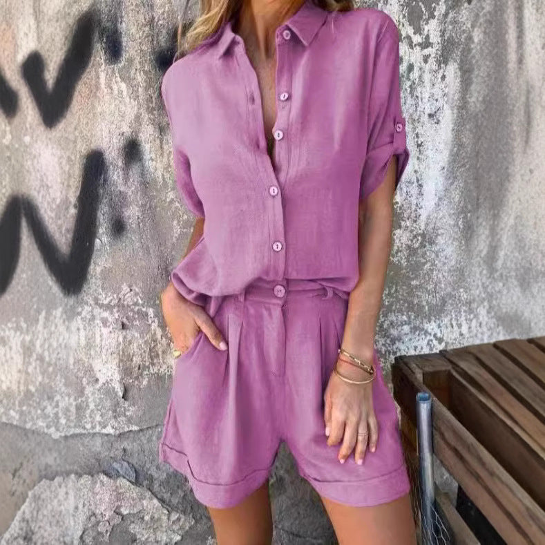 Damen Elegantes Kurzarm-Jumpsuit aus atmungsaktivem Stoff mit praktischen Taschen Drune