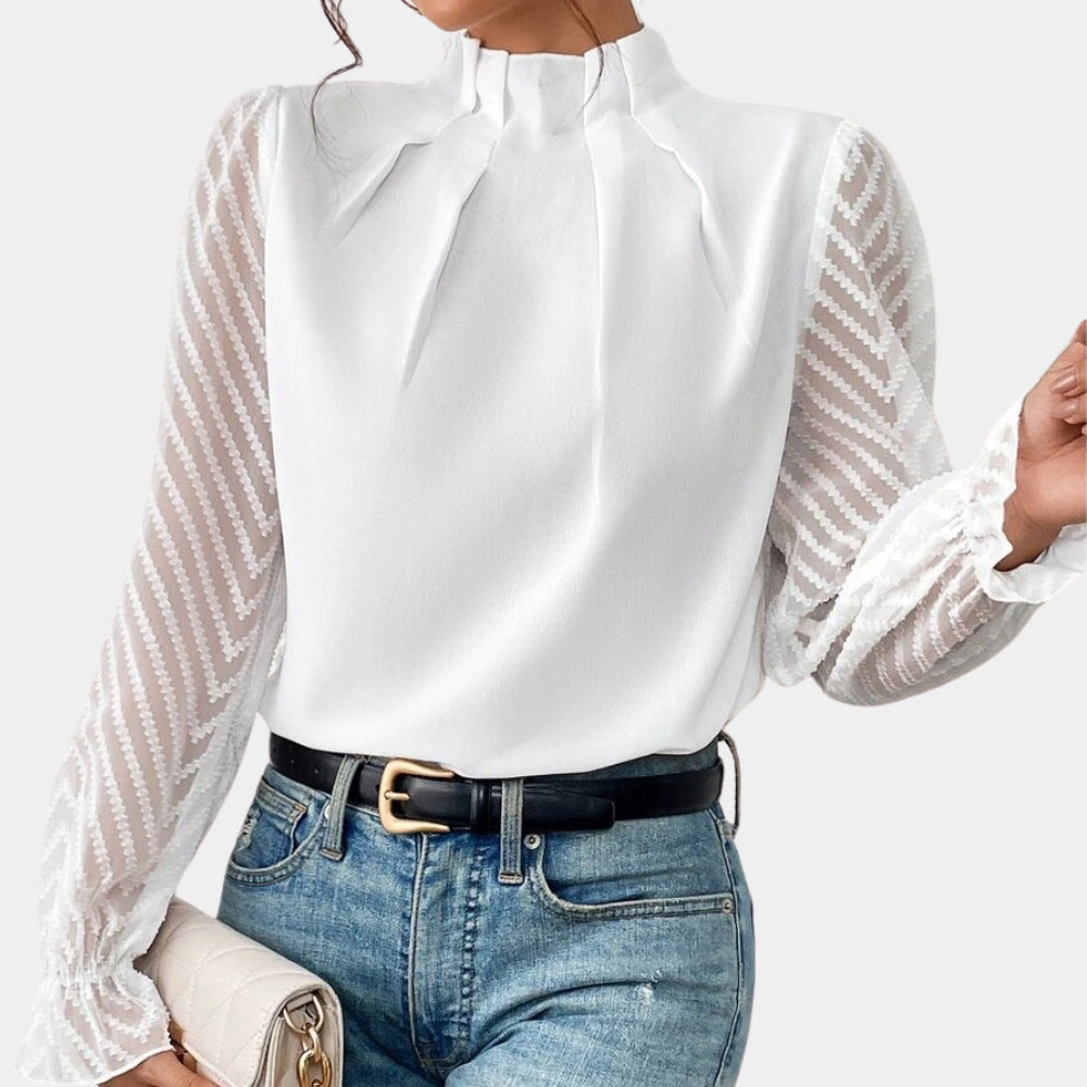 Damen Elegante Chiffonbluse mit Stehkragen, Faltenkante und transparenten Jacquard-Ärmeln Drune