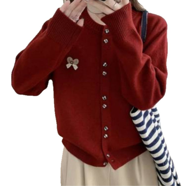 Damen gemütlicher Strickcardigan mit glänzenden Knöpfen und dekorativer Applikation Drune