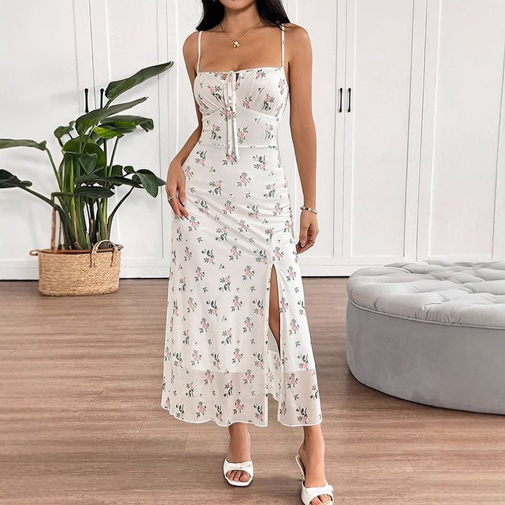 Damen Maxikleid mit feinen Spaghetti-Trägern und floralem Druck Drune