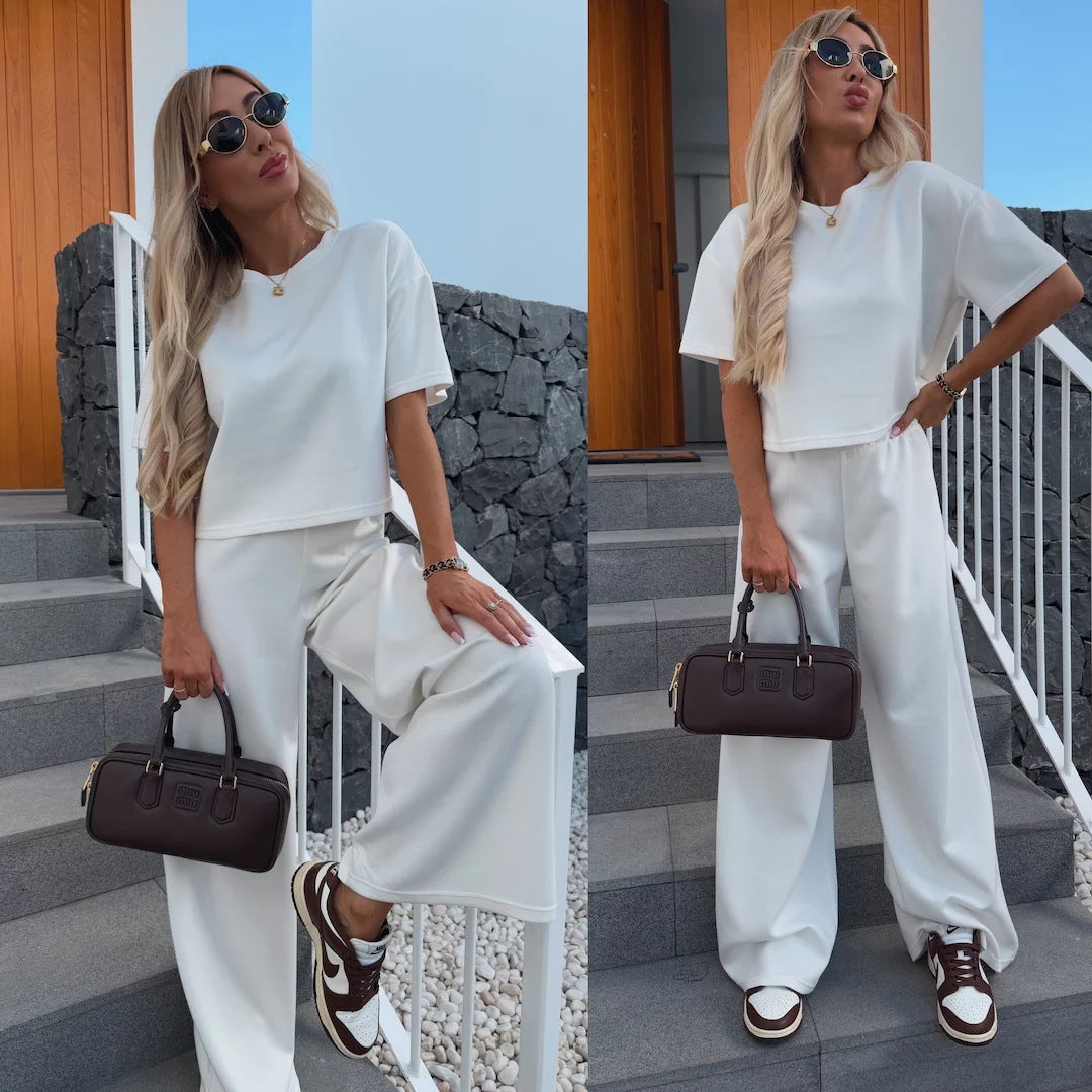 Damen Loungewear-Zweiteiler mit Cropped-Boxy-Shirt und fließender High-Waist Palazzo-Hose Drune