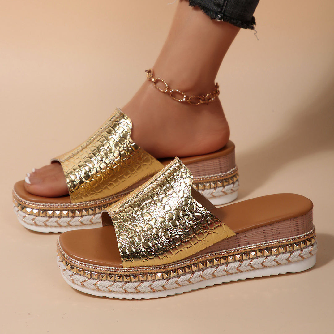 Damen Wedge-Pantoletten mit modernem Kroko-Design und eleganter Schnallenverzierung Drune