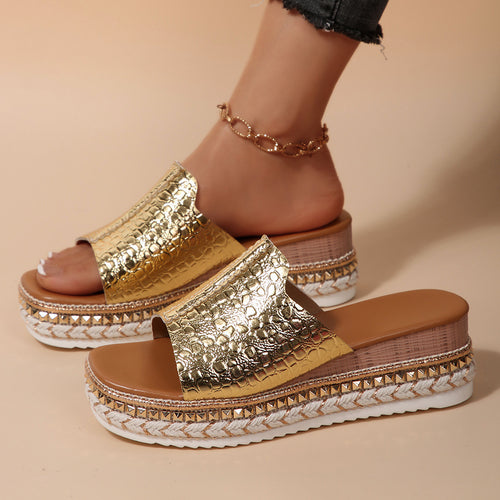 Damen Wedge-Pantoletten mit modernem Kroko-Design und eleganter Schnallenverzierung Drune