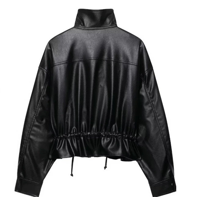 Damen Cropped Kunstleder‑Blouson mit Stehkragen, Pattentaschen und Tunnelzugtaillierung Drune