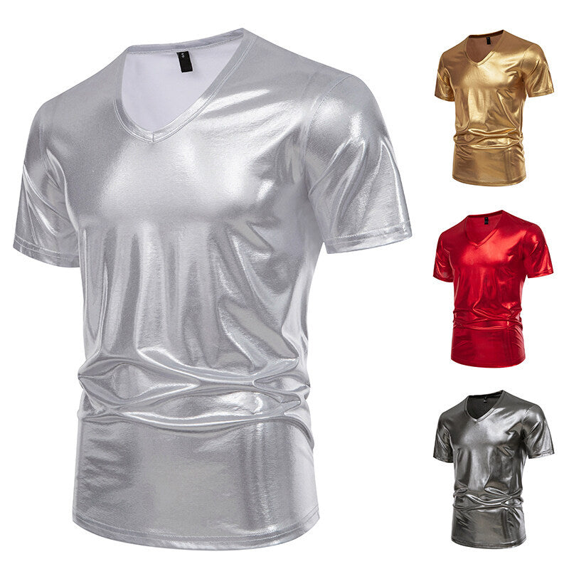 Herren V-Ausschnitt T-Shirt aus glänzendem Material mit persönlichem Stil Drune