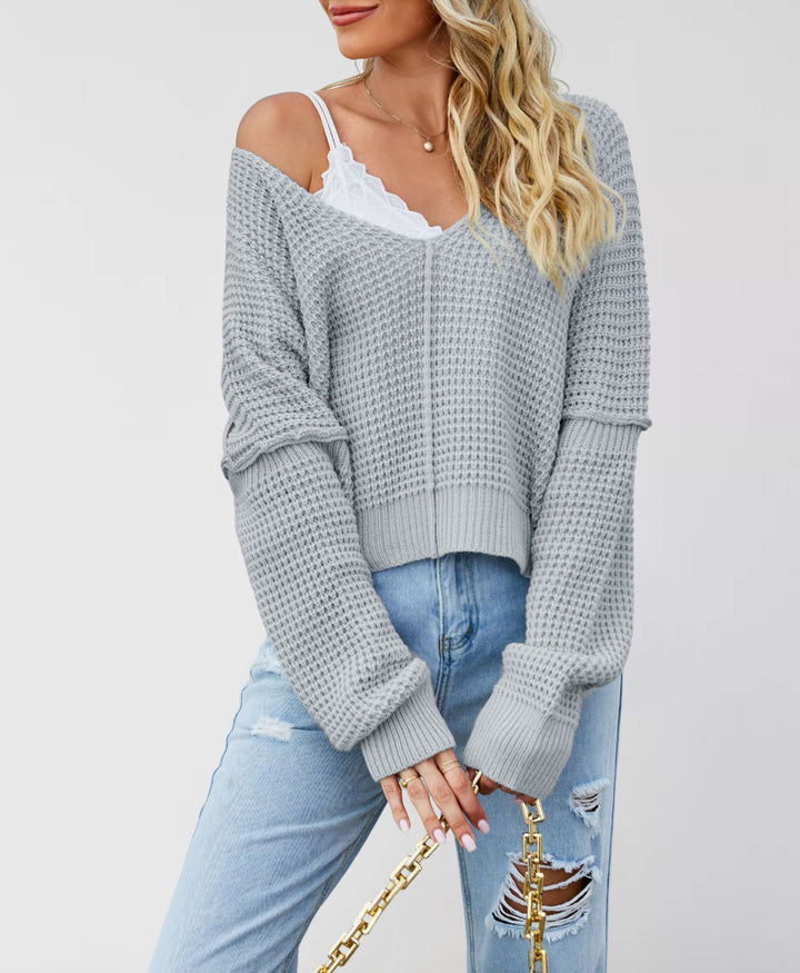 Damen lässiger V-Ausschnitt Strickpullover mit offenen Schultern und strukturiertem Design Drune