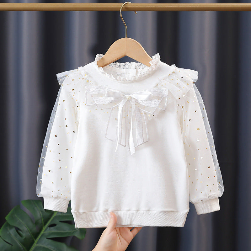 Mädchen modisches Sweatshirt mit dekorativen Tüllärmeln und Schleifendetails Drune