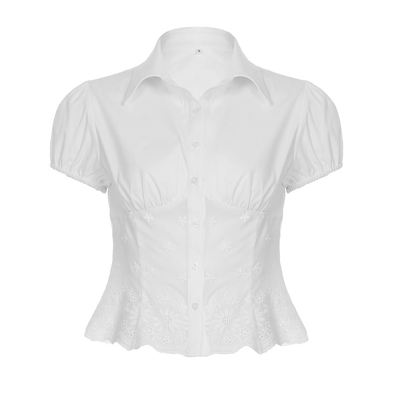 Damen elegante Bluse mit floralen Stickereien und gepufften Ärmel Drune