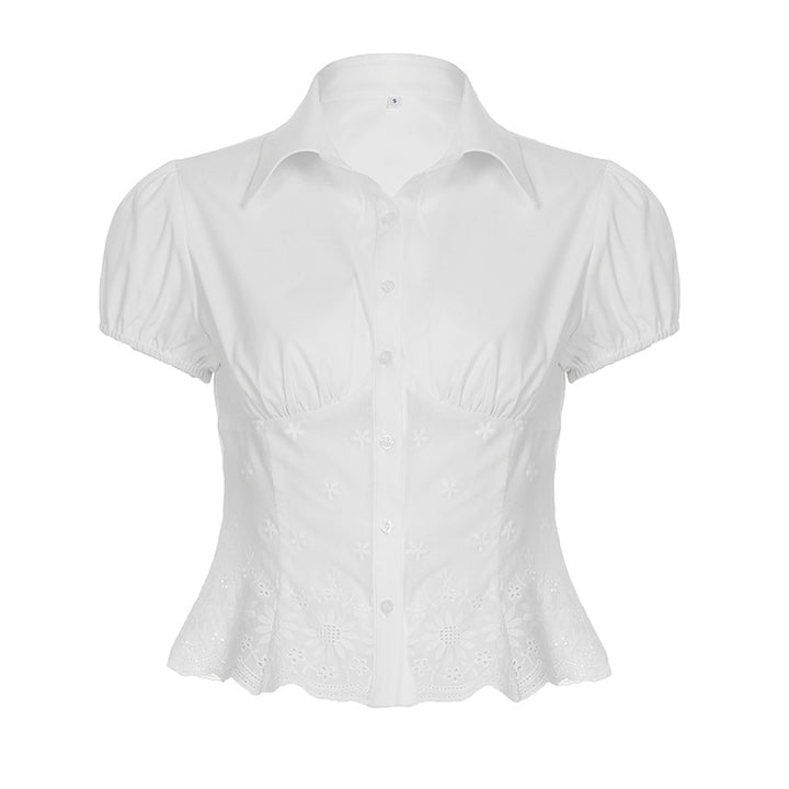 Damen elegante Bluse mit floralen Stickereien und gepufften Ärmel Drune