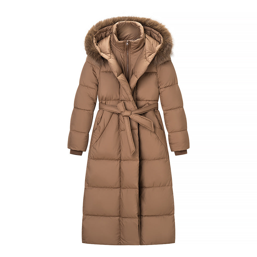Damen Wattierter Longline-Mantel mit Kapuze und Taillengürtel Drune