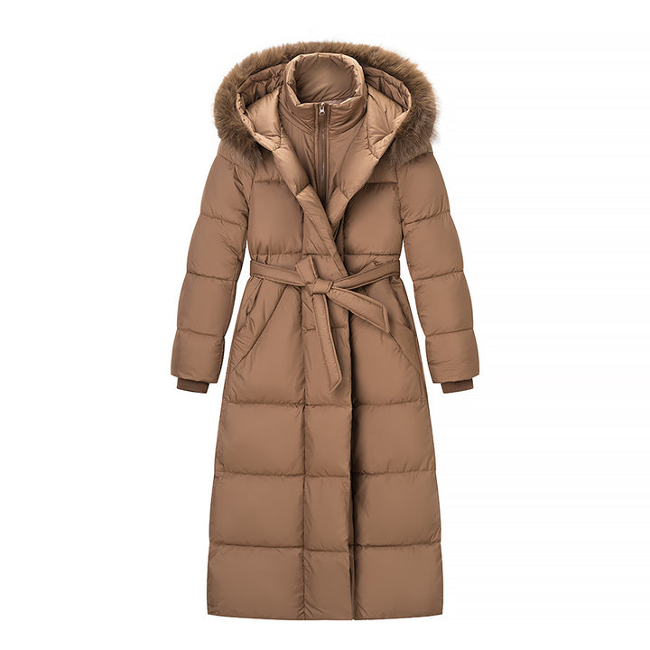 Damen Wattierter Longline-Mantel mit Kapuze und Taillengürtel Drune