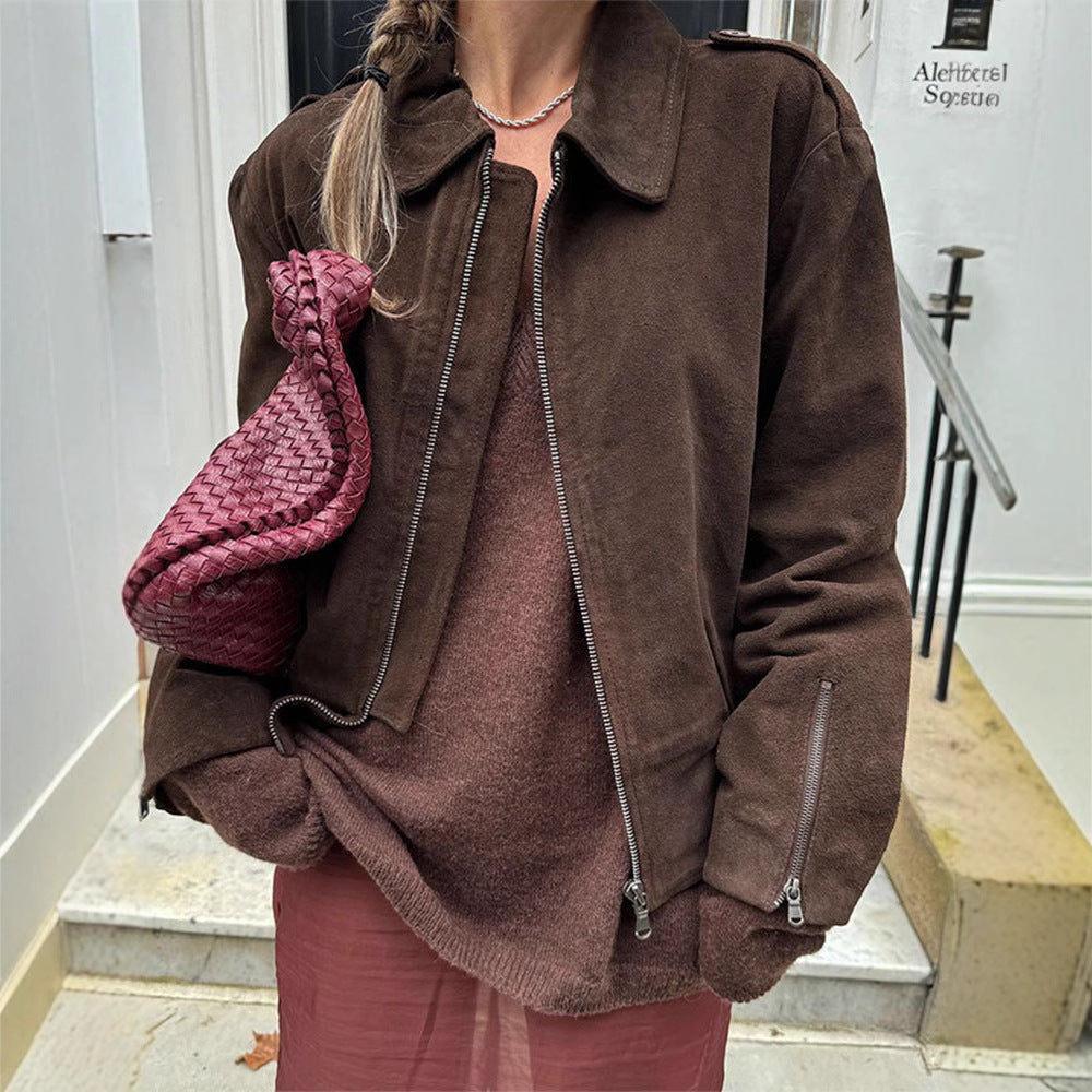 Damen lässige Kurzjacke aus weichem Material mit praktischen Reißverschlüssen Drune