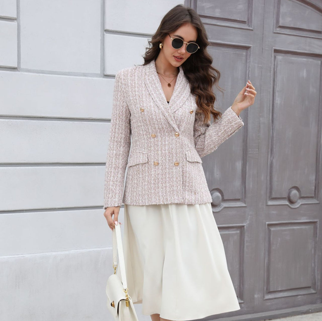 Damen Doppelreihiger Bouclé-Blazer mit Schalkragen, taillierter Silhouette und Zierknöpfen Drune