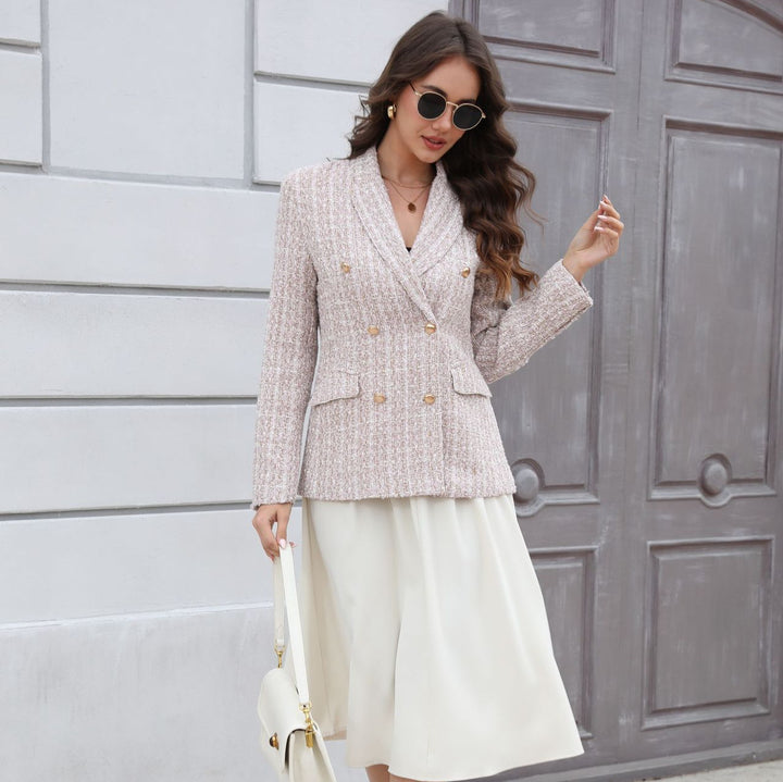 Damen Doppelreihiger Bouclé-Blazer mit Schalkragen, taillierter Silhouette und Zierknöpfen Drune