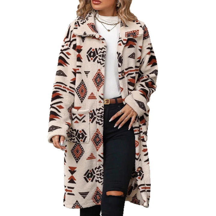Damen Teddy-Mantel mit Aztekenmuster, Knopfleiste und aufgesetzten Taschen Drune