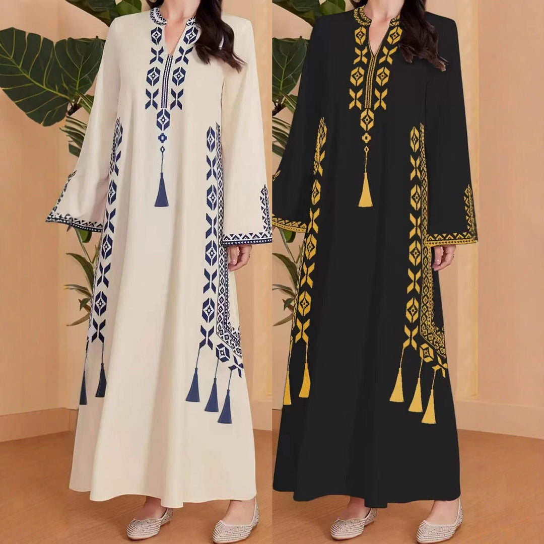 Damen Kaftan-Kleid mit kunstvollem besticktem Design und elegantem V-Ausschnitt Drune