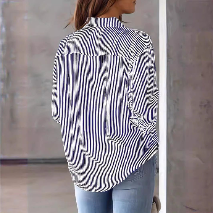 Damen Leichte Oversize-Hemdbluse mit vertikalen Streifen, Kentkragen und dreiviertelärmeln Drune