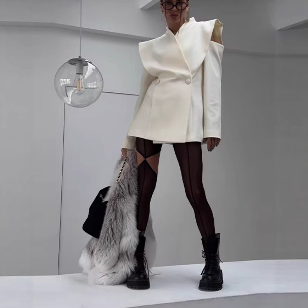 Damen 600+ ärmelloser taillierter Blazer mit weitem Schalkragen und doppelreihiger Knopfleiste Drune