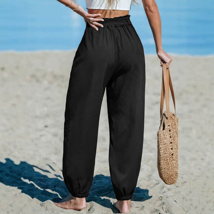 Damen Leichte Paperbag-Hochbund-Hose mit Bindegürtel, Seitentaschen und elastischen Knöchelbündchen Drune