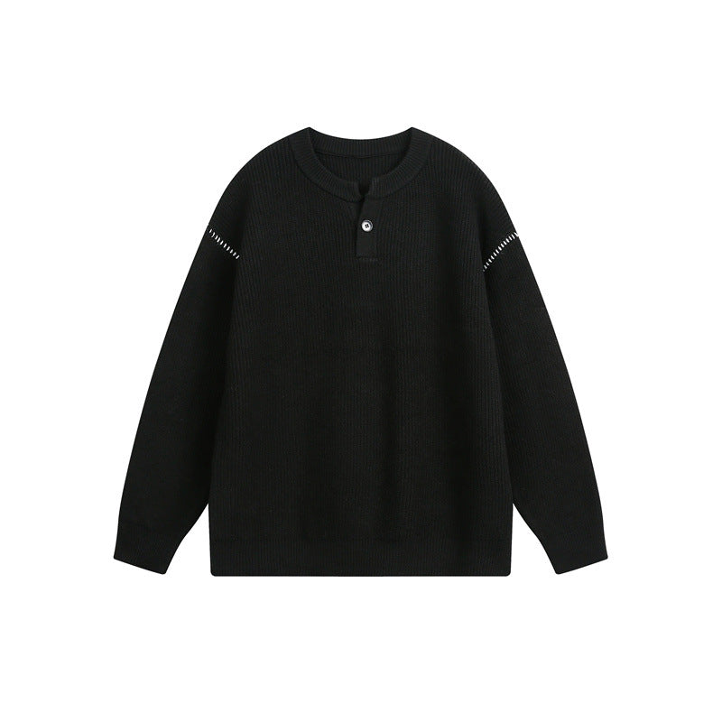 Unisex Grobstrick-Henley-Pullover mit Knopfleiste und Drop-Shoulder Drune