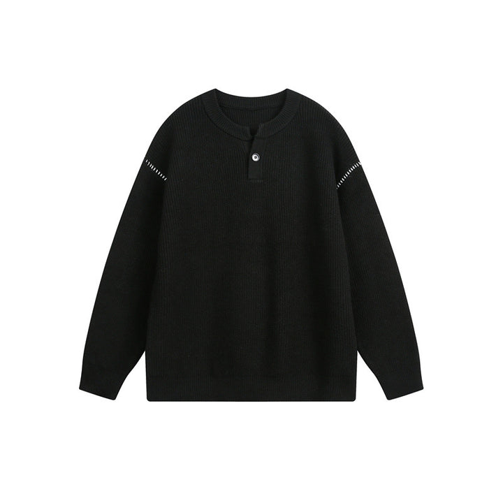 Unisex Grobstrick-Henley-Pullover mit Knopfleiste und Drop-Shoulder Drune