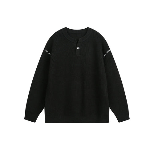 Unisex Grobstrick-Henley-Pullover mit Knopfleiste und Drop-Shoulder Drune
