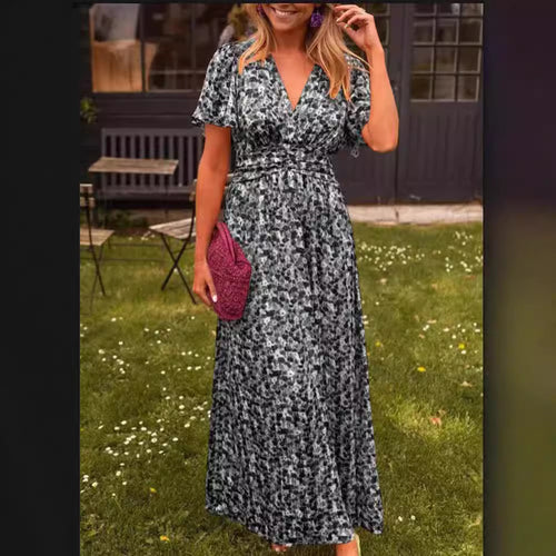 Damen Maxikleid mit elegantem Blumenmuster und tiefem V-Ausschnitt Drune